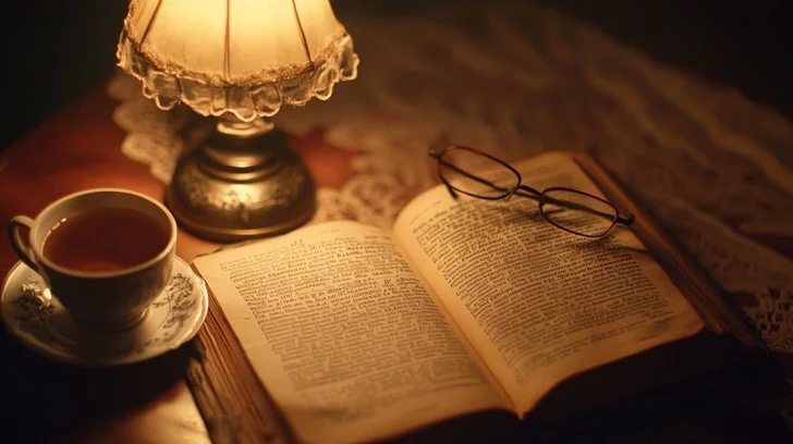 Calm evening setup with warm lighting, a book and a cup of tea on a wooden table