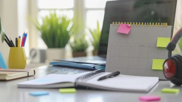 Tidy desk with an open planner, coloured pens and a small succulent plant in a bright room